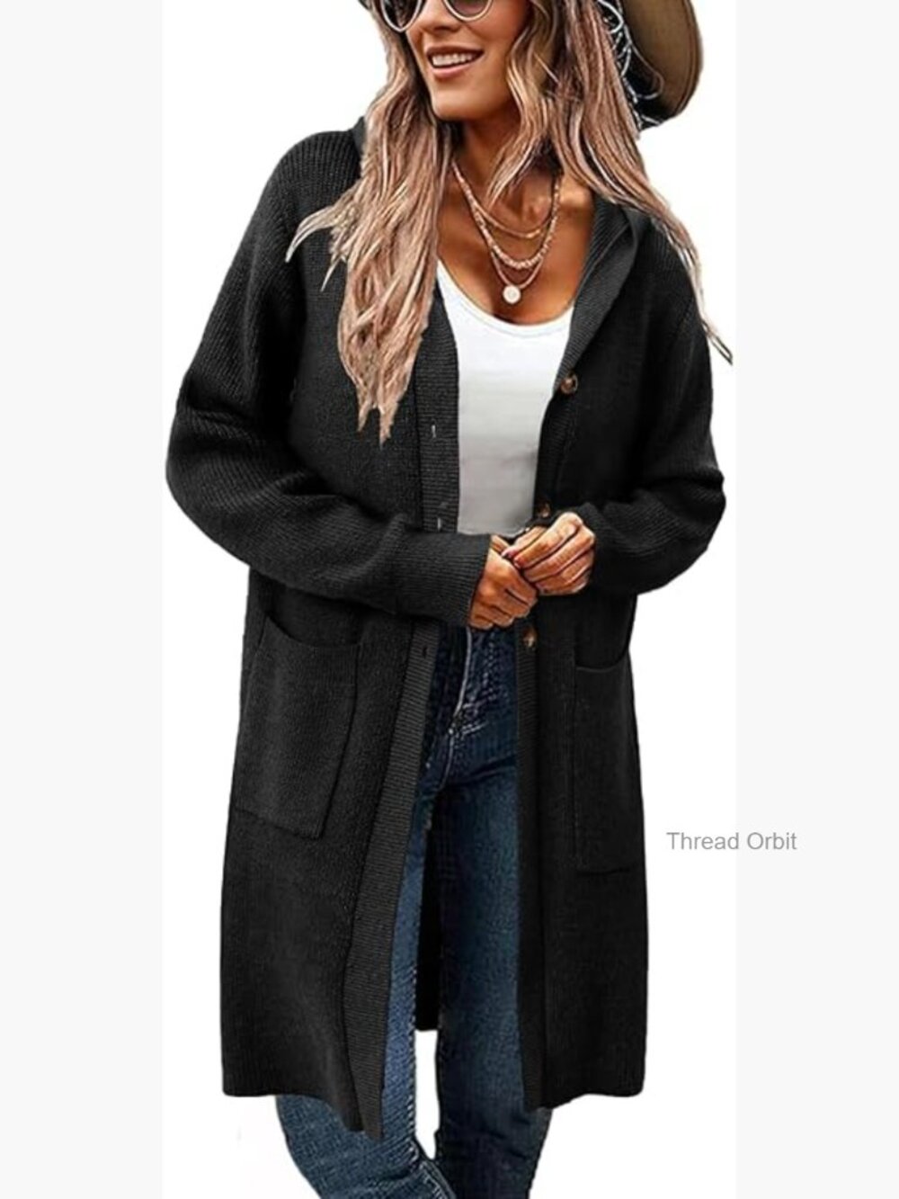 Long Hooded Cardigan Sweater Open Front Button Down Knit Winter Coat with